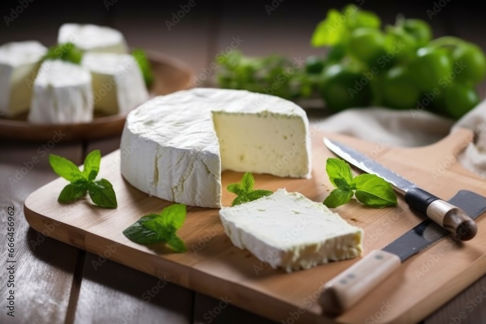 slicing goat cheese on a board