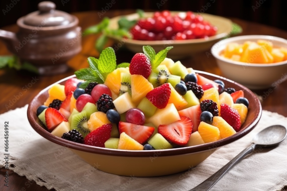 serving a generous scoop of mixed fruit salad on a porcelain dish serving a generous scoop of mixed fruit salad on a porcelain dish