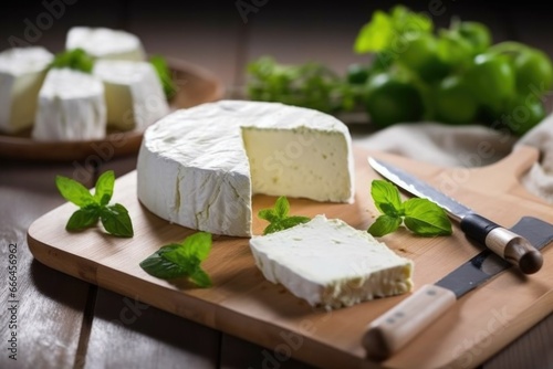 slicing goat cheese on a board