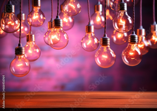 Abstract background with retro light bulbs on purple background