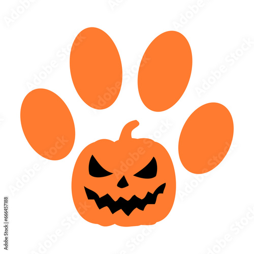 Logo pet friendly. Silueta de zarpa de perro o gato con calabaza de Halloween para su uso en invitaciones y tarjetas