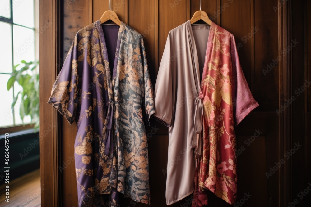 luxurious patterned silk robes hanging side by side