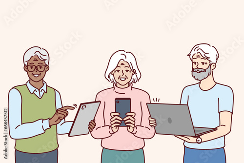 Older people use gadgets and learn digital literacy and internet surfing through phone or laptop. Smiling pensioners stand with gadgets in hands urging peers to use online services