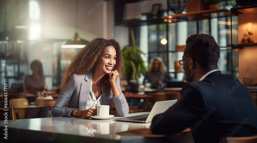 Young Businesswoman Having a Productive Meeting with Clients in a Restaurant Setting