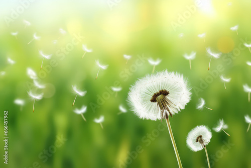 Dandelion fluff. Spring breezes set it in motion. We pray for a successful journey, overcoming hardships, and reaching the destination. A concept for spring and travel.