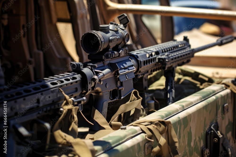 a soldiers rifle placed against a military vehicle a soldiers rifle placed against a military vehicle