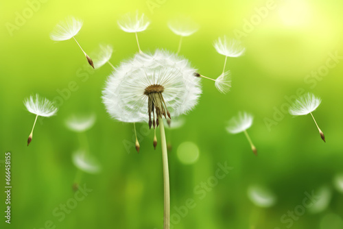 Dandelion seeds. Spring winds carry them away. We wish for a successful journey  overcoming challenges  and reaching the destination. A concept for spring and travel. 