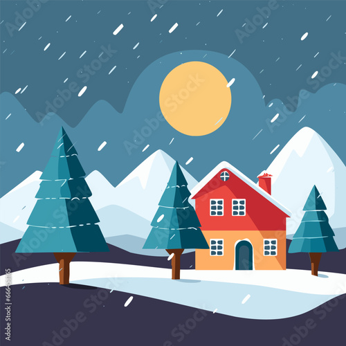 Winter landscape with colorful house. Snow falling in the night.