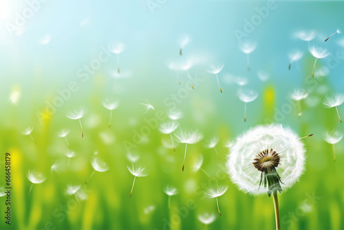 Dandelion's downy seeds. Spring breezes send them off on a journey. We wish for a successful arrival after surmounting a rugged path. A concept for spring and travel.