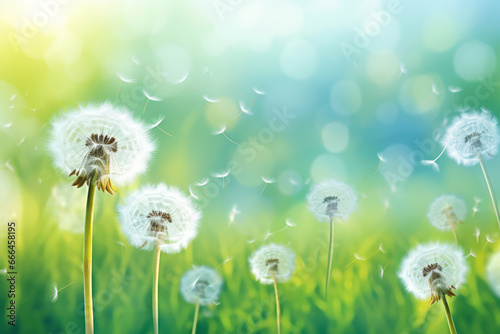 Dandelion's cottony pappus. Spring winds launch them on a journey. We offer prayers for a successful journey and reaching the destination after overcoming challenges. A concept for spring and adventur
