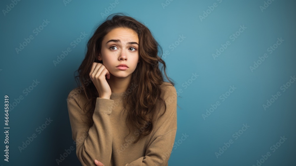 Fototapeta premium A protrait of teenager acting wonder or doubt in studio background.