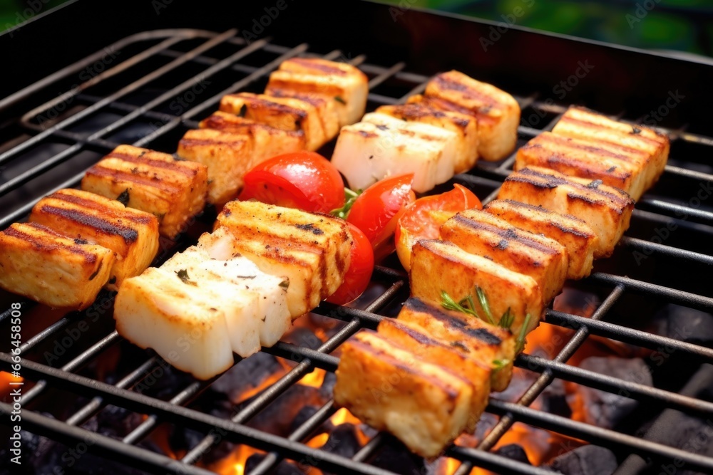 grilled halloumi cheese in a bbq basket