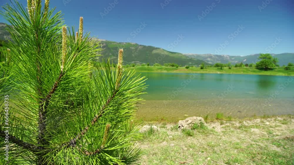 Aerial view on mountain lake with turquoise water and green trees. Reflection in the water. Beautiful spring landscape with mountains, forest and lake. Drone shot over a beautiful mountain forest lake Aerial view on mountain lake with turquoise water and green trees. Reflection in the water. Beautiful spring landscape with mountains, forest and lake. Drone shot over a beautiful mountain forest lake