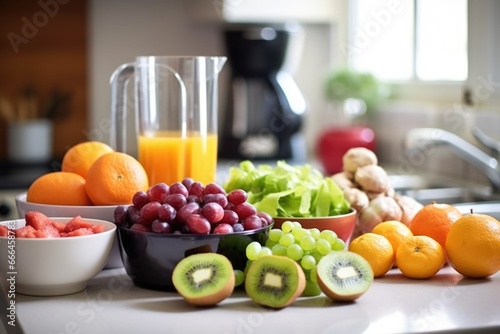 clean, modern blender on a kitchen counter with cut fruits around