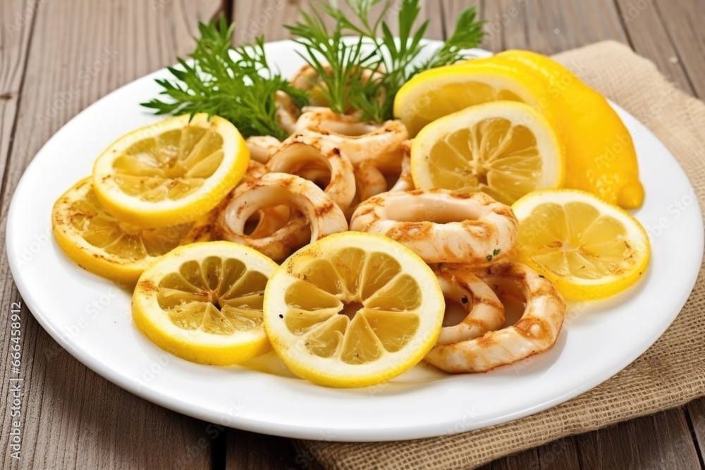 freshly grilled calamari rings with lemon wedges