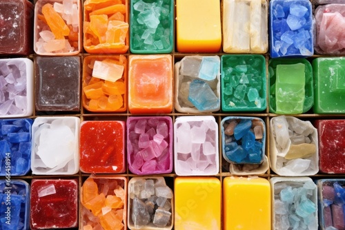 variety of colorful soap blocks captured from above