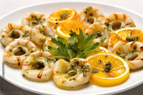 close-up of grilled calamari rings with capers