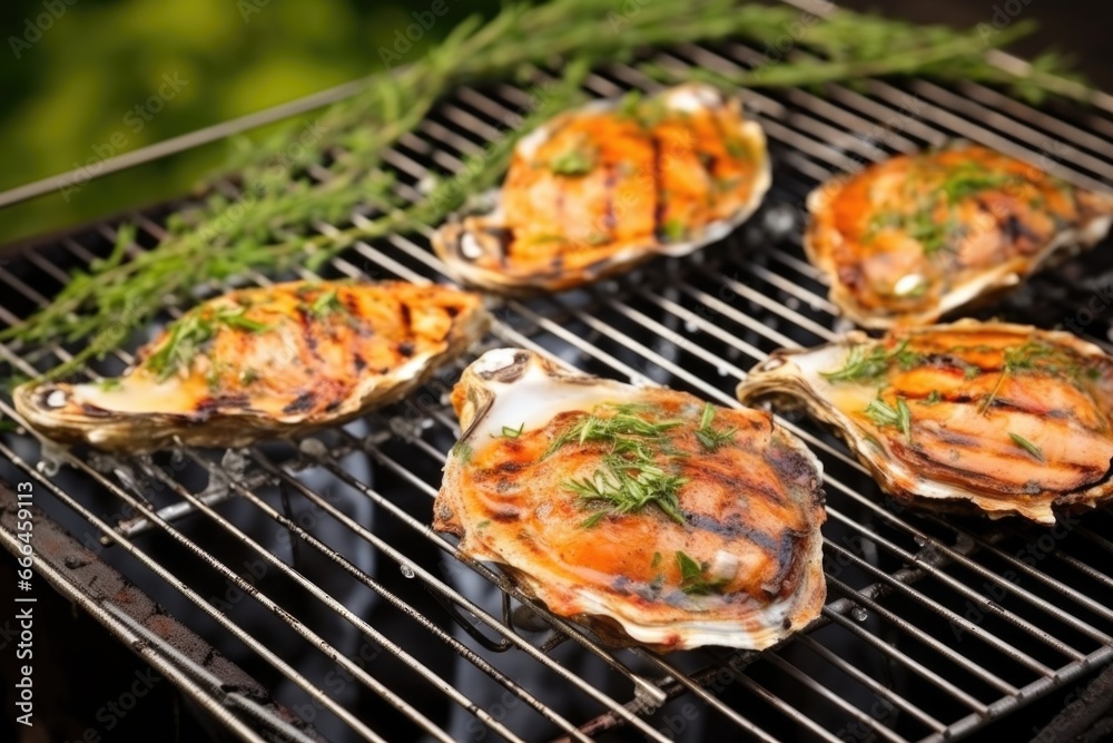 grilled oysters on wire rack, glossy garlic sauce, fresh herbs