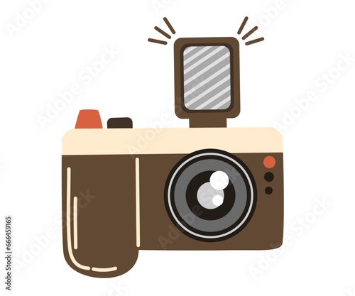 Photo camera. Retro Vintage camera device with a flash Vector hand draw illustration.