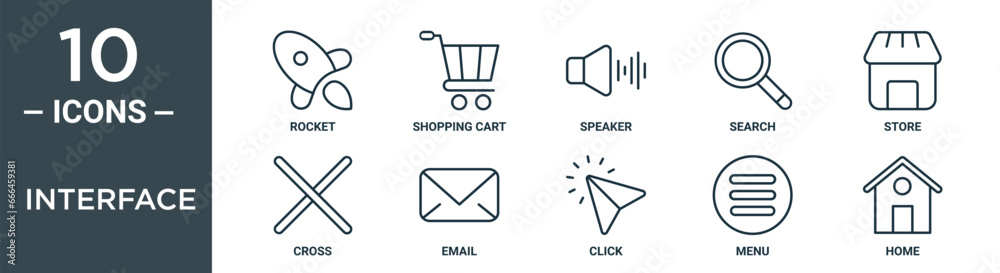 interface outline icon set includes thin line rocket, shopping cart ...