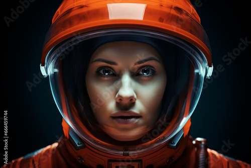 Determined Gaze Through Cosmic Veil: A female astronaut wearing an astronaut helmet in orbit looking space © GustavsMD
