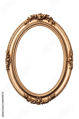 Golden vintage oval round photo frame isolated on cutout PNG transparent background