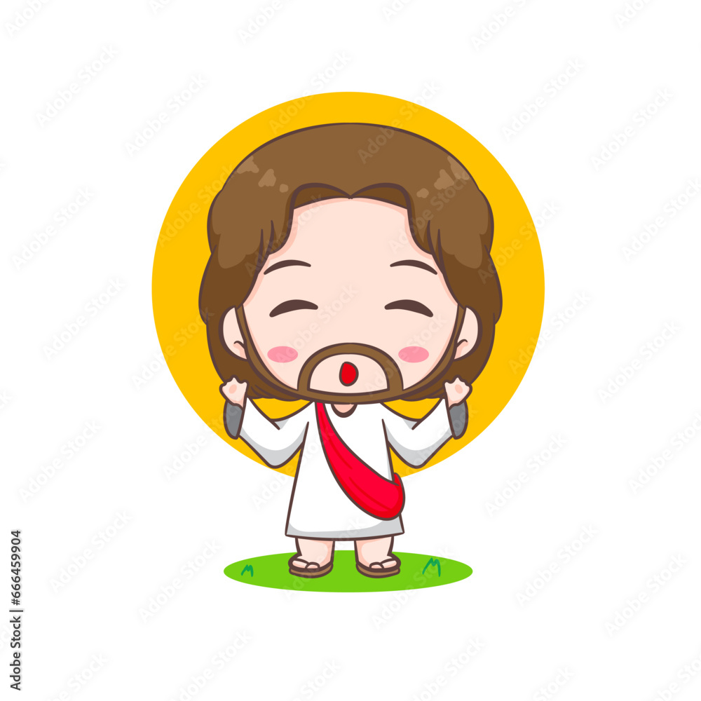 Cute Jesus Christ cartoon character. Christian religion concept design. Hand drawn Chibi character clip art sticker Isolated white background. Vector art illustration Cute Jesus Christ cartoon character. Christian religion concept design. Hand drawn Chibi character clip art sticker Isolated white background. Vector art illustration