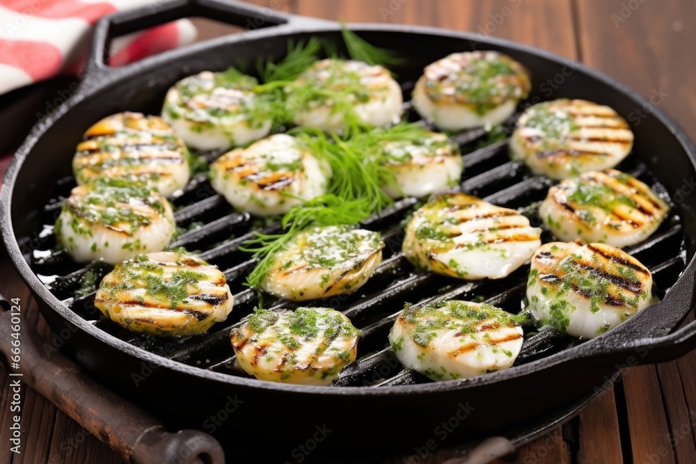 grilled scallops with herbs on cast iron grill pan grilled scallops with herbs on cast iron grill pan