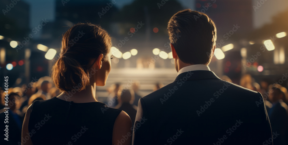 Photo of a young married couple on a festive background - obrazy, fototapety, plakaty 