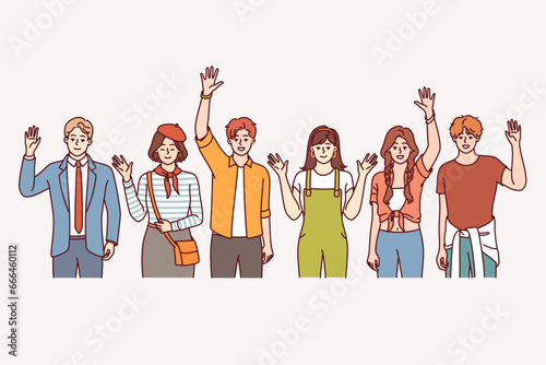 People greet and wave, inviting you to join multicultural community of college students. People in different clothes say hi and look at screen with positive emotions wanting to make friends