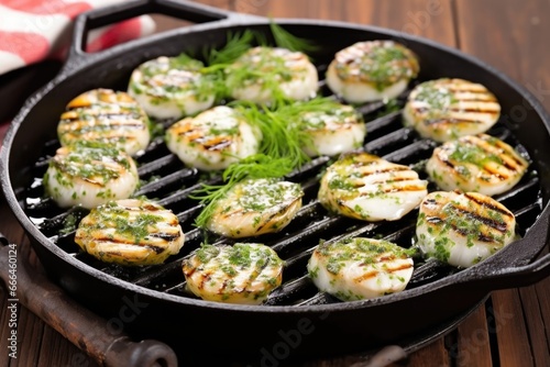 grilled scallops with herbs on cast iron grill pan