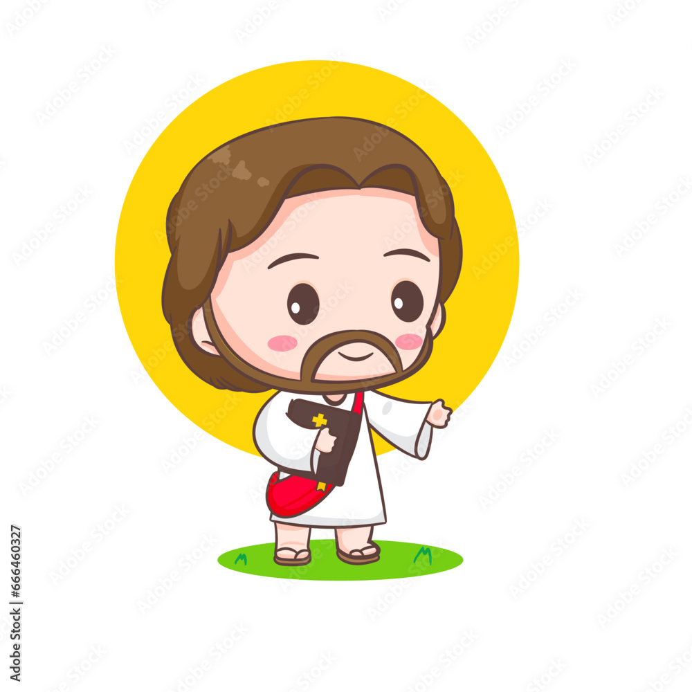 Cute Jesus Christ cartoon character. Christian religion concept design. Hand drawn Chibi character clip art sticker Isolated white background. Vector art illustration Cute Jesus Christ cartoon character. Christian religion concept design. Hand drawn Chibi character clip art sticker Isolated white background. Vector art illustration