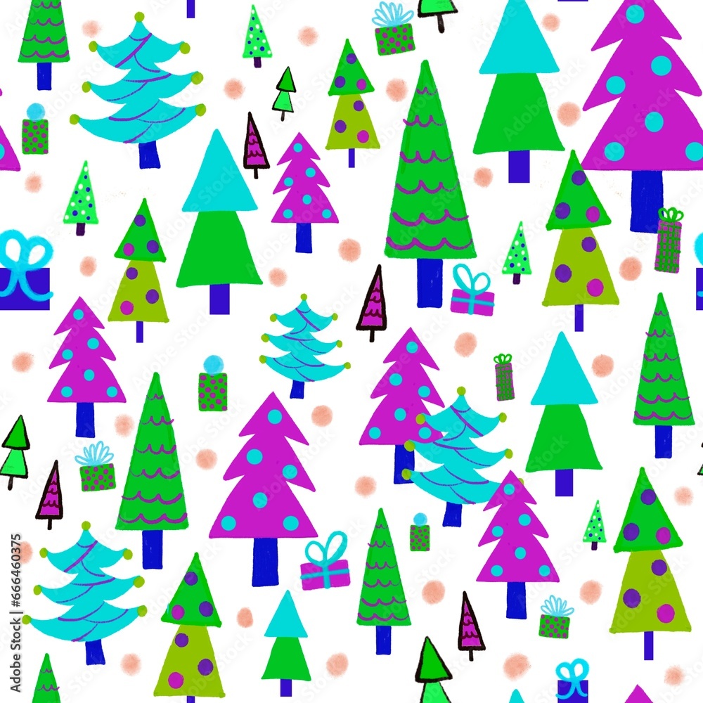 Bright Pine trees with Christmas decoration on white background. Raster seamless pattern. Bright Pine trees with Christmas decoration on white background. Raster seamless pattern.