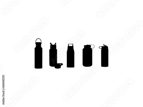 Water bottle silhouette vector. Set of different types of plastic, steel, glass water bottle silhouette. Bottle of water, vector sport water bottle, Drink bottle icon set isolated white background.
