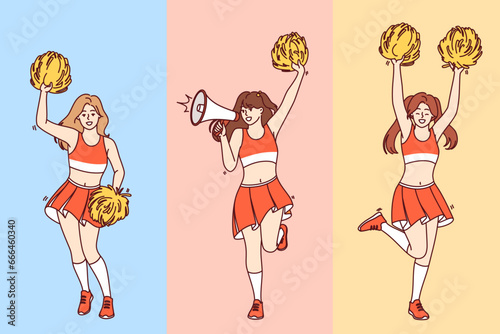 Girls cheerleaders jump and wave pom-poms in arms supporting fans of sports football team. Female cheerleaders with megaphone in skirts and tops perform before start of baseball tournament