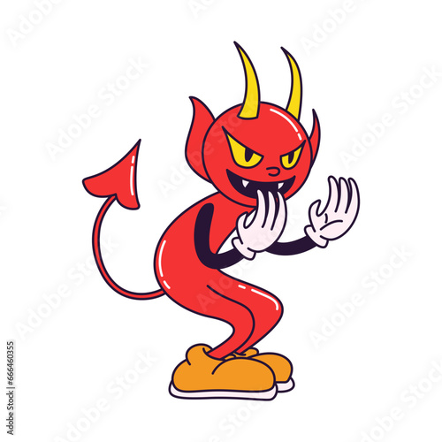 Spooky red devil vintage toons, funny character, trendy classic retro cartoon style. Happy Halloween. Contour vector illustration isolated on white background.