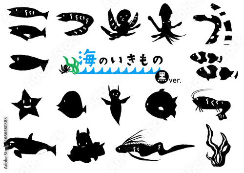 黒い海の生き物　黒色　単色　ウツボ　魚　イカ　タコ　水族館