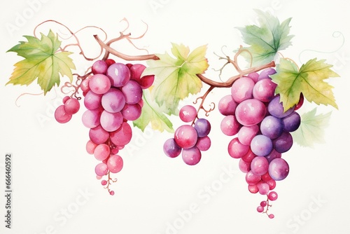 Watercolor illustration of grape vine with multi-colored and pink grapes on white background. Generative AI