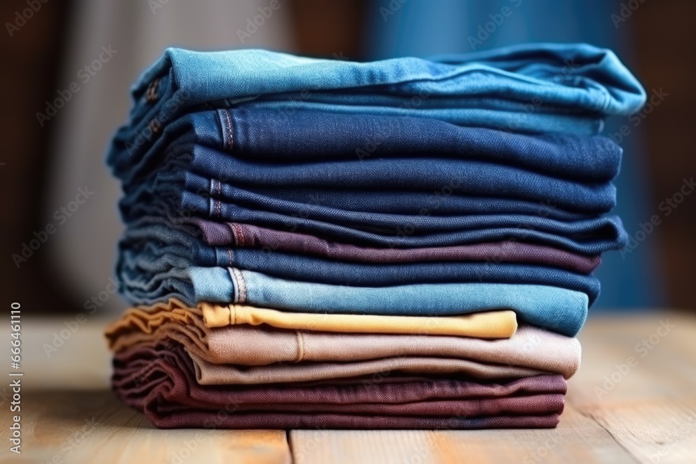 stack of folded denim jeans arranged vertically stack of folded denim jeans arranged vertically