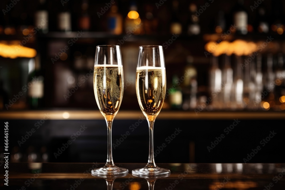 two champagne glasses filled and placed on a bar counter two champagne glasses filled and placed on a bar counter