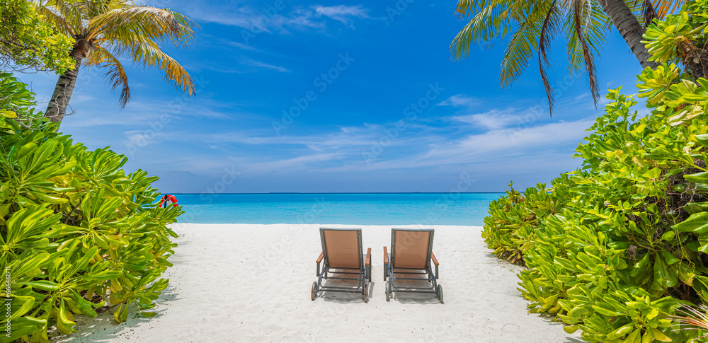 Best beach vacation background. Couple destination, coconut palm trees sandy coast leisure wellbeing panorama. Tropical landscape, summer travel popular scene. Tranquil chairs umbrella sunny paradise - obrazy, fototapety, plakaty 
