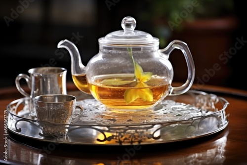 steaming glass teapot on a silver tray