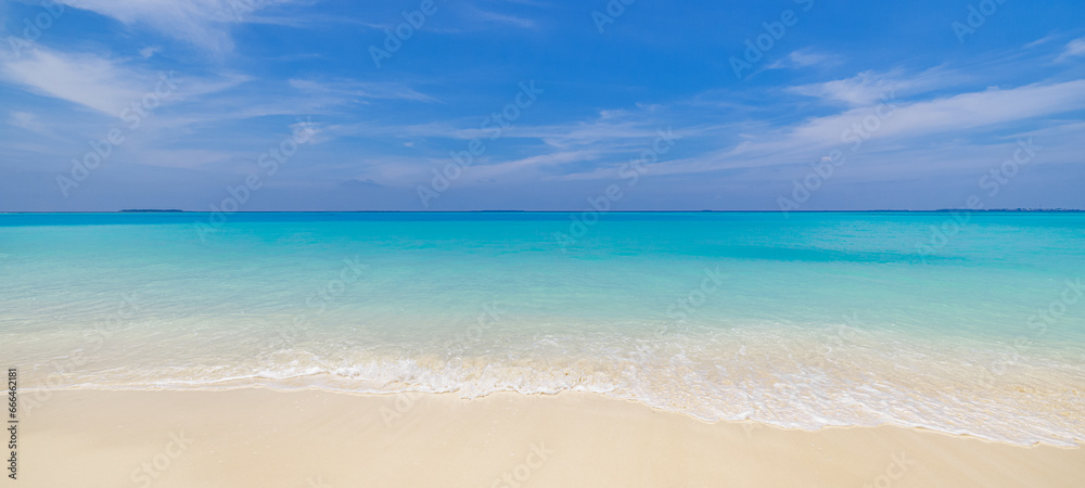 Closeup sea waves sand beach. Panoramic beach landscape. Inspire tropical island coast seascape horizon. Sunny summer popular destination background. Idyllic best travel vacation seaside beachfront