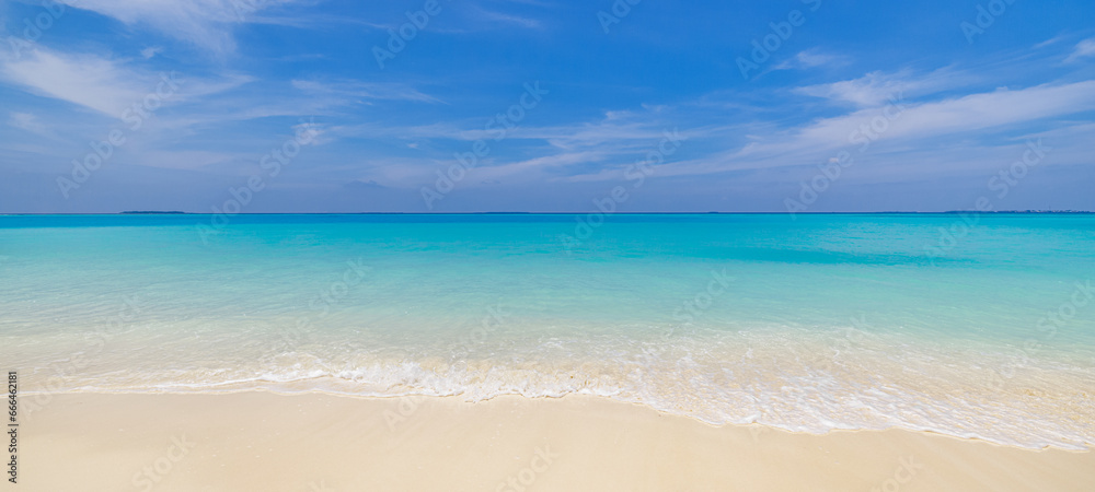Obraz premium Closeup sea waves sand beach. Panoramic beach landscape. Inspire tropical island coast seascape horizon. Sunny summer popular destination background. Idyllic best travel vacation seaside beachfront