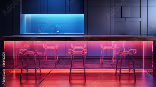 Minimalist interior design of neon modern kitchen.