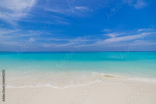 Sunshine beach landscape. Relax closeup sand sea waves cloudy sky horizon. Tranquil freedom Mediterranean tropical nature background. Peaceful colors seascape horizon. Summer travel closeup sunlight