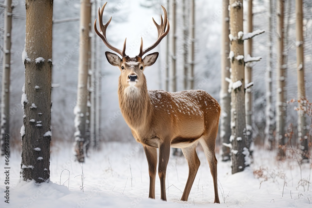 Deer in snowy forest, winter background. Generative AI Deer in snowy forest, winter background. Generative AI