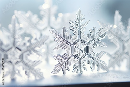 Macro snowflakes on blue background, winter background. Generative AI