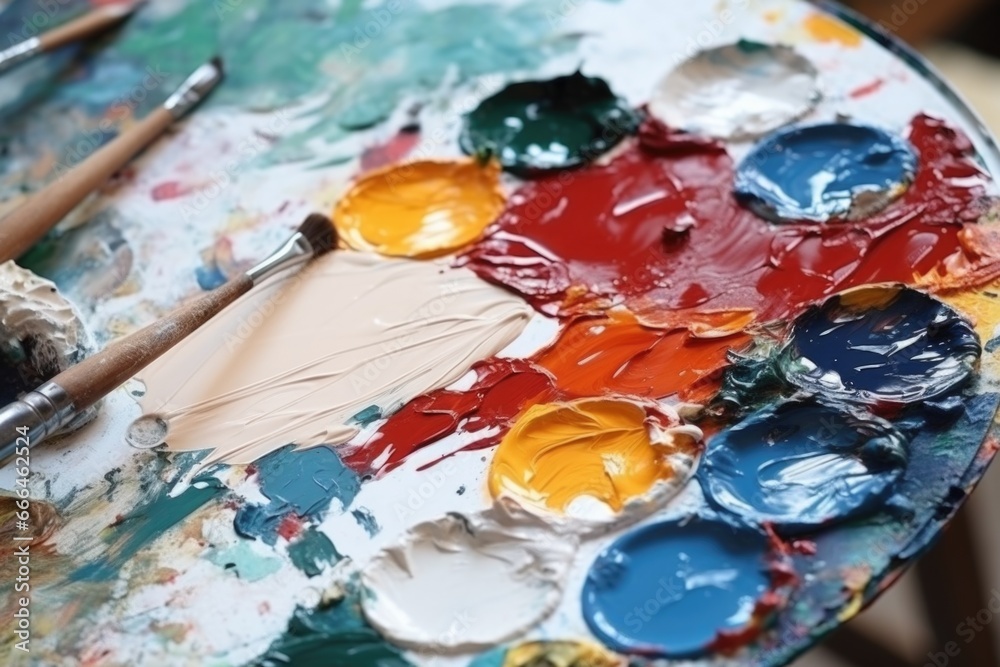 close-up of artist palette with acrylic paints close-up of artist palette with acrylic paints