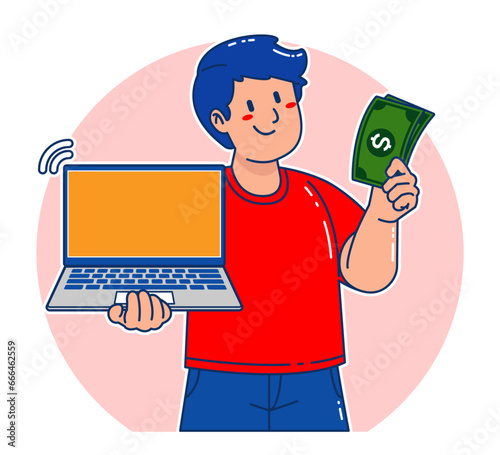 Man carrying a laptop and money